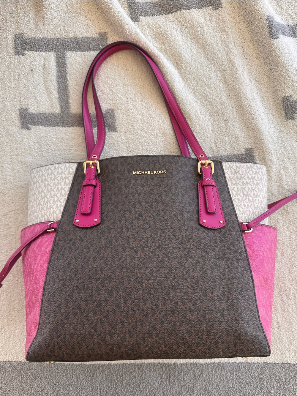 Michael Kors Brown Logo Tote with Pink Accents Voyager tote - Picture 2 of 12